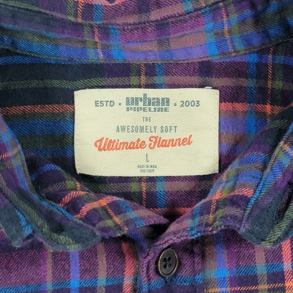 Urban Pipeline Ultimate Flannel Shirt Mens Large Purple Navy Pink Plaid Cotton - Picture 4 of 8